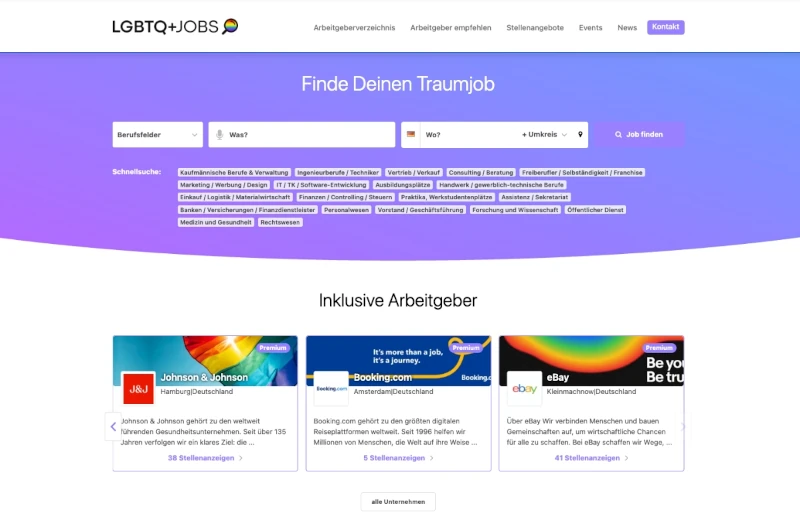 Screenshot der LGBTQ&+Jobs Stellenbörse mit Jobsuche und inklusiven Arbeitgebern
